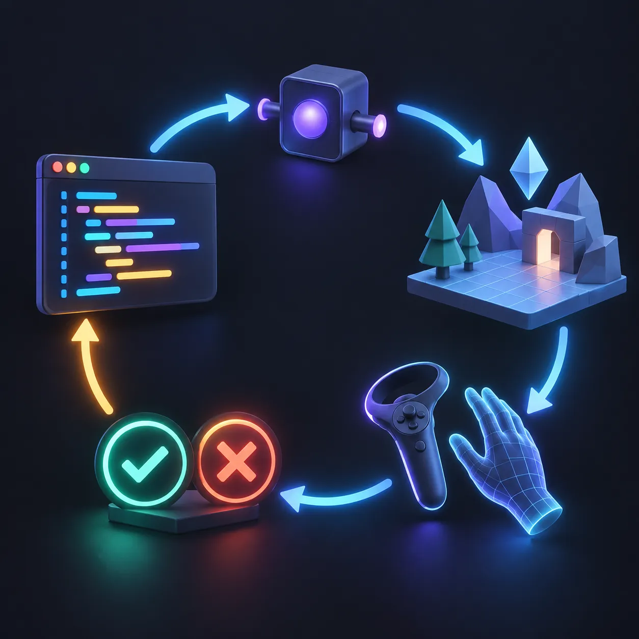 A circular loop links code, a connector, a virtual scene, controller and hand input, and pass or revise signals