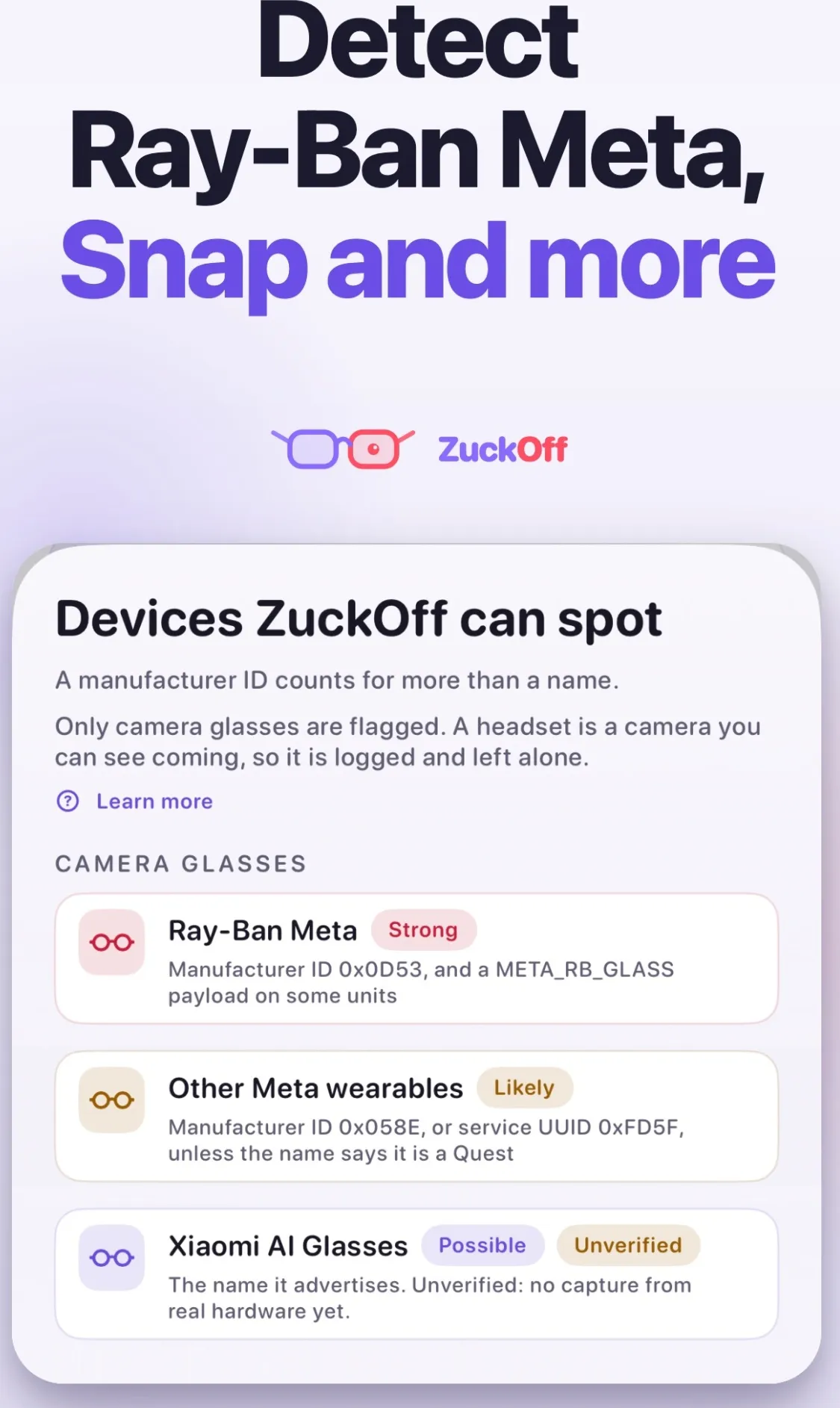 A ZuckOff card rating Ray-Ban Meta strong for manufacturer ID 0x0D53, other Meta wearables likely, and a name match possible